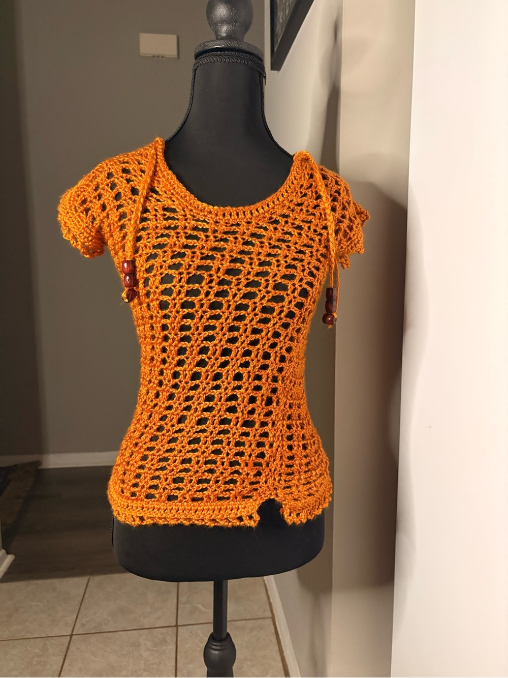 Handmade Orange Crochet Short-Sleeve Women's Top